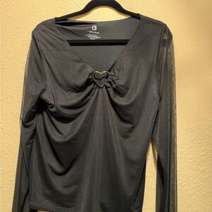 Black Long-Sleeve V-Neck Top with Heart Accent